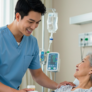Nurse providing post-surgery care and monitoring to patient in bed